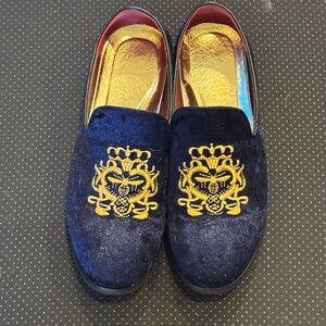Elegant Purple and Gold Slip-On Loafers with Embroidery